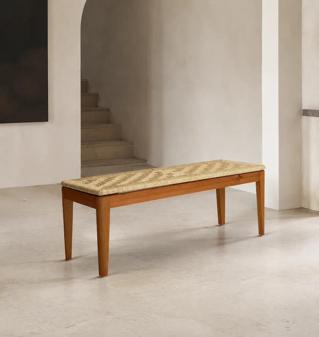 Etla Woven Bench, staged view 1